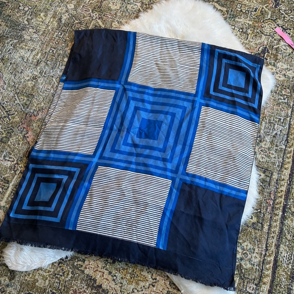 Womens Silk Scarf Blue White Geometric Square Stripe Print Fringed 50x22